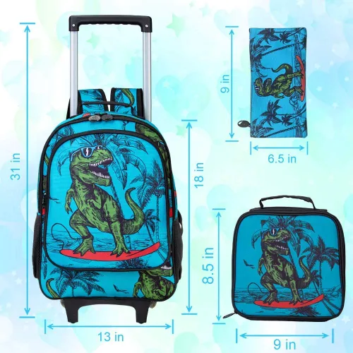 Vista 4 de AGSDON Mochila con ruedas enrollables para niños, mochila escolar con ruedas y bolsa de almuerzo, dinosaurio
