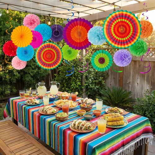 Vista 7 de Juego de 35 piezas de decoración para fiesta con abanicos de papel - Pom Poms del Cinco de Mayo, banderines, guirnaldas, pancartas, remolinos
