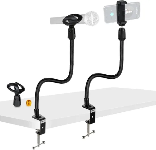 Vista 8 de Soporte de micrófono de escritorio de 13 pulgadas flexible con cuello de cisne para micrófono, soporte universal para micrófono/teléfono