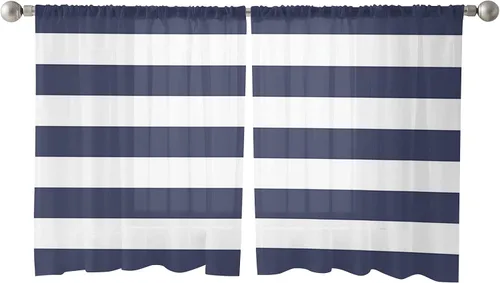 Vista 3 de Cortinas transparentes de rayas azules y blancas de 45 pulgadas de largo, juego de 2 paneles de cortinas semitransparentes con bolsillo para barra