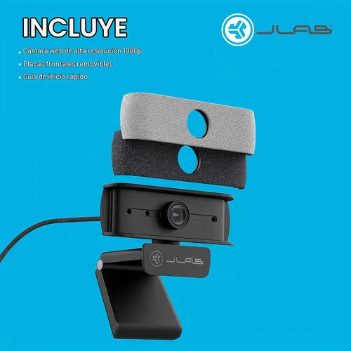 Vista 9 de JLab, JBuds Cam, cámara web USB, enfoque automático de 1080p, micrófono dual, negro con placa frontal blanca