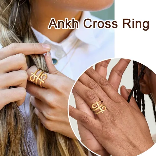 Vista 2 de ChainsProMax Puede grabar anillos de cruz Ankh para hombres y mujeres, anillo de mitología de joyería egipcia, acero inoxidable, chapado en oro