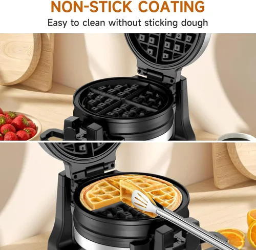 Vista 5 de Waflera, Waflera Belga Doble con Giro de 180°, Plancha para Wafles de 1400W para 8 Rebanadas, Placas Giratorias y Antiadherentes con Bandeja