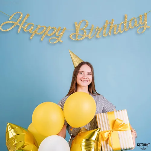 Vista 8 de KatchOn, Cartel de feliz cumpleaños dorado con purpurina – 10 pies, pre-encordado Letrero dorado de feliz cumpleaños para decoraciones doradas
