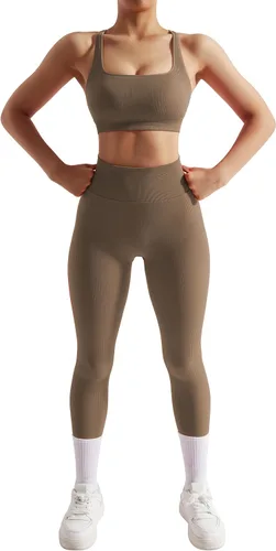 Vista 2 de OMKAGI Conjunto de entrenamiento acanalado para mujer, sin costuras, brasier deportivo con tiras y levantamiento de glúteos