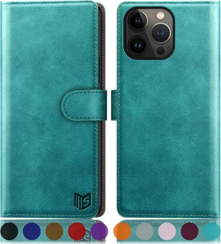 Vista 15 de SUANPOT Funda tipo cartera para iPhone 14 Pro de 6.1 pulgadas con bloqueo RFID, tarjetero y tarjetero, funda protectora de piel sintética con tapa
