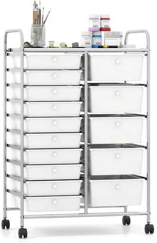 Vista 22 de Giantex - Carro de almacenamiento con ruedas, 10 cajones, organizador para papelería, oficina o escuela (Beige+Amarillo+Gris)