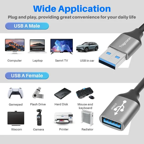 Vista 5 de Divisor USB 3.0 de 1 en 4 salidas Cable adaptador Y de 1 pie, cable de extensión USB-A 3.0 macho de 5 Gbps a cuatro 4 hembras, 4 USB tipo A