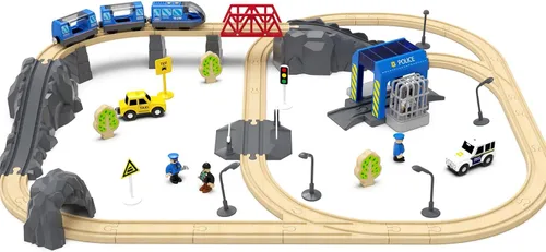 Vista 6 de Juego de pistas de tren de madera con pilas, juguete de alta velocidad para niños de 3, 4, 5 años, acoplamientos magnéticos para niños y niñas