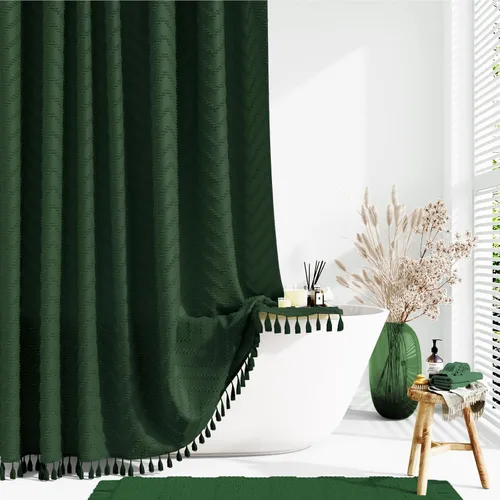 Vista 15 de Dynamene - Cortina de ducha de tela bohemia con rayas con chebrón en relieve, juego de cortina angosta para baño, media cortina impermeable de A.