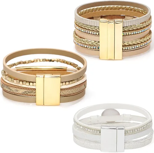Vista 5 de Wovanoo Juego de 3 pulseras de cuero con cierre magnético, pulseras trenzadas para mujeres y niñas