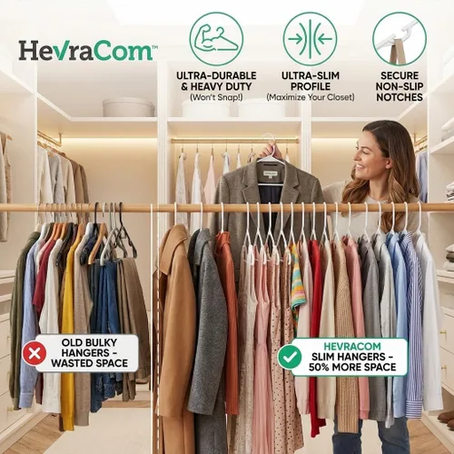 Vista 3 de HevraCom Paquete de 50 perchas de plástico color blanco, resistentes y duraderas, antideslizantes, perchas para armario, ahorro de espacio