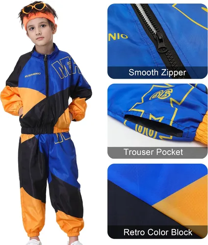 Vista 3 de Traje de los años 80 para niños, retro de los años 90, chándal para niños y niñas, ropa de baile hip hop, chaqueta de retazos unisex, pantalones