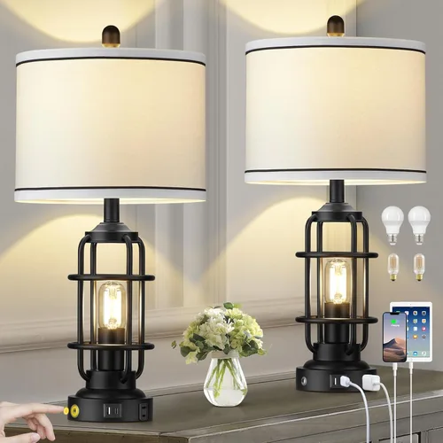 Vista 8 de Modern Table Lamps Set of 2, Industrial 3-Way Dimmable Bedside Lamp with USB A+C Ports & AC Outlet, 25" Touch Control Nightstand Lamp LED Night