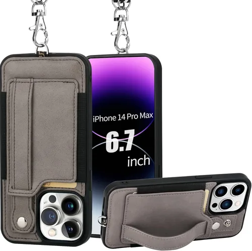 Vista 17 de TOOVREN Funda para teléfono compatible con iPhone 14 Plus, compatible con iPhone 14 Plus, funda con correa para tarjetero, cordón de cuero para Negro