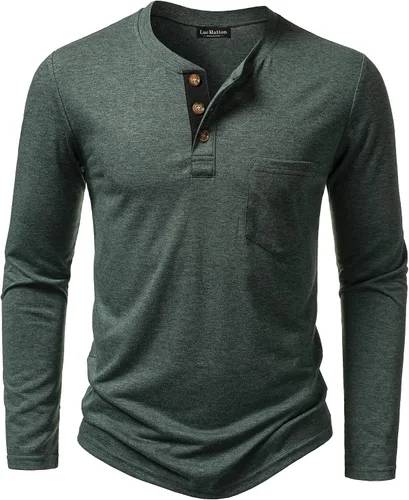 Vista 13 de LucMatton - Camiseta Henley para hombre, ligera, casual, elástica, ajuste entallado, manga larga, con bolsillo Verde militar