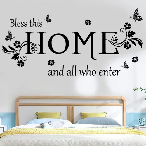Vista 5 de Adhesivo de pared de vinilo negro con texto en inglés "Bless This Home and All Who Enter Bless This Home and All Who Inter", calcomanías de pared