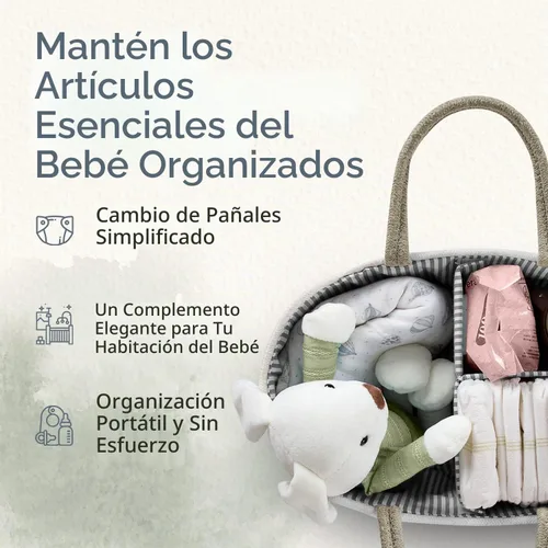 Vista 2 de KiddyCare Organizador de pañales tejido, canasta portátil multifuncional grande de color gris con asa, regalo de bebé para niños y niñas, Natural