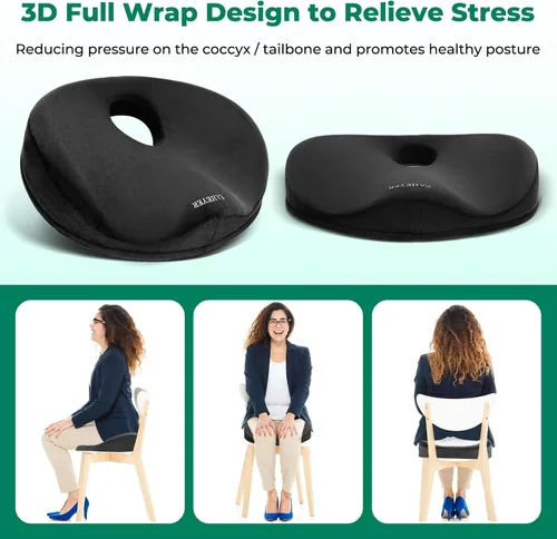 Vista 5 de SAHEYER Almohada de dona para el dolor de coxis, almohada de espuma viscoelástica para hemorroides para nervio ciático, cojín de asiento de ciática