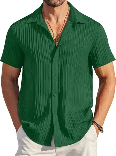 Vista 12 de COOFANDY - Camisas de botones casuales para hombre, de manga corta, con textura, camisa de playa de verano con bolsillo