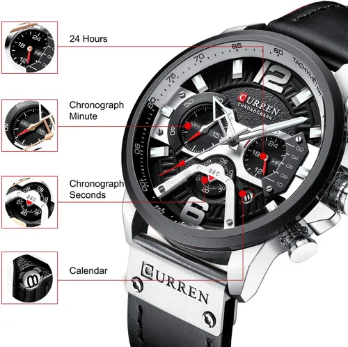 Vista 4 de RORIOS Reloj de pulsera cronógrafo con fecha con correa de cuero multifunción dial analógico para hombre