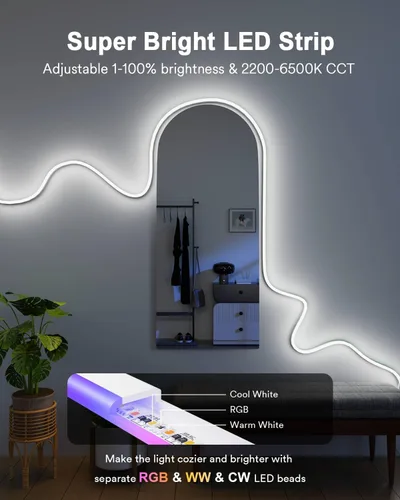 Vista 4 de Lumary Luz inteligente RGBAICW de neón para interiores, luces LED de 9.8 pies para dormitorio, funciona con Alexa/Google Assistant, 180 LEDs/m RGB