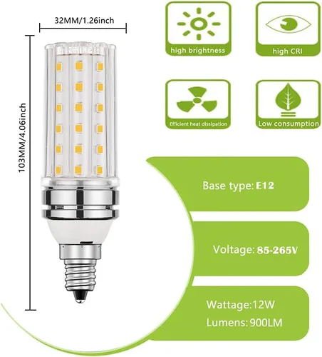 Vista 2 de BOGAO Bombilla LED E12, bombillas LED de 12 W de color blanco cálido de 3000 K, equivalente a bombillas de 80 W, base de tornillo E12, luces LED