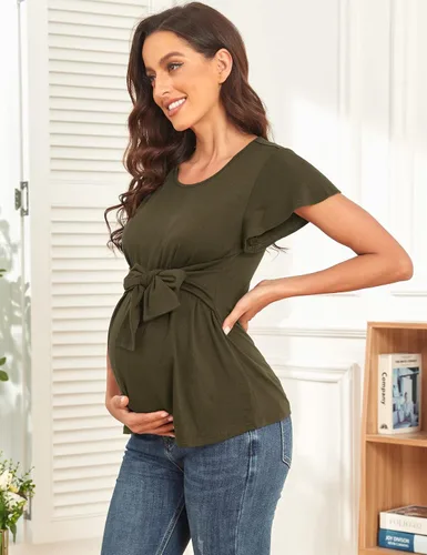Vista 5 de Camisa de maternidad casual con volantes, manga corta, cuello redondo, para embarazo