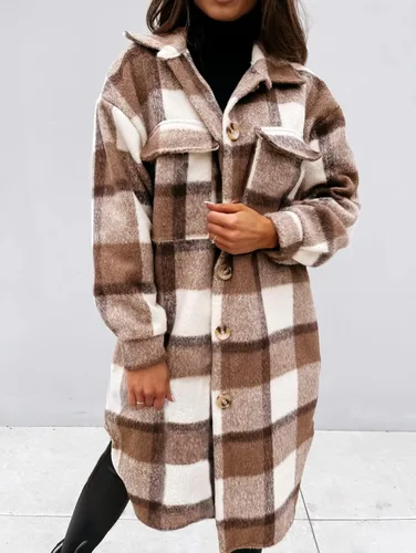 Vista 2 de Yousify Chaqueta larga con solapa a cuadros para mujer cepillada con botones y bolsillos