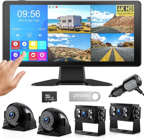 Vista 8 de Sistema de cámara de respaldo 4K RV de 10.1 pulgadas, monitor de pantalla táctil cuádruple dividida 4 cámaras de visión lateral trasera HD 1080P HD