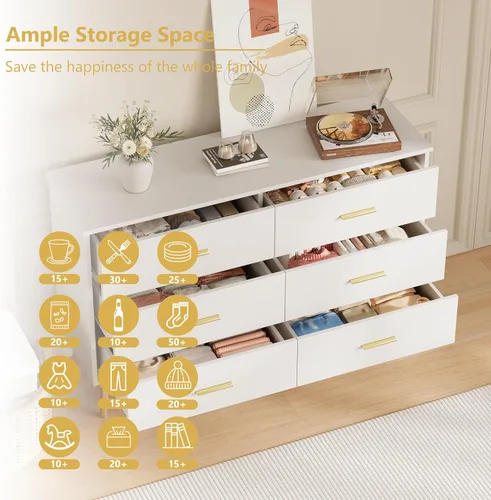 Vista 3 de Cómoda blanca para dormitorio, cómoda de 46.5 pulgadas para armario dorado (Metal Golden)