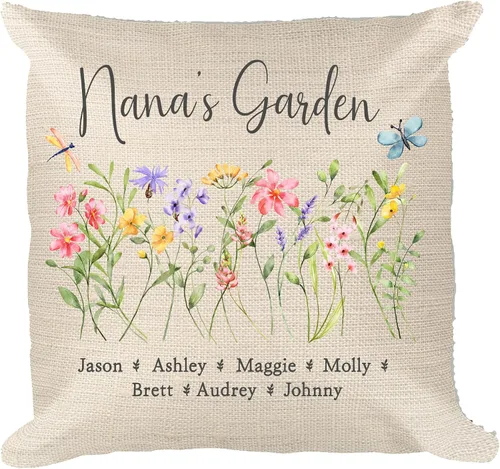 Vista 4 de Almohada personalizada con diseño de flores silvestres del jardín de la abuela con nombres de nietos, regalo de apellido familiar, perfecta
