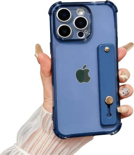 Vista 10 de Funda compatible con iPhone 15 con soporte para correa, color azul, soporte de pulsera, TPU suave transparente, bucle de agarre ajustable