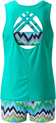 Vista 9 de Traje de baño tankini para mujer 3 piezas camiseta sin mangas con pantalones cortos para niño traje de baño para mujer traje de baño verde menta M