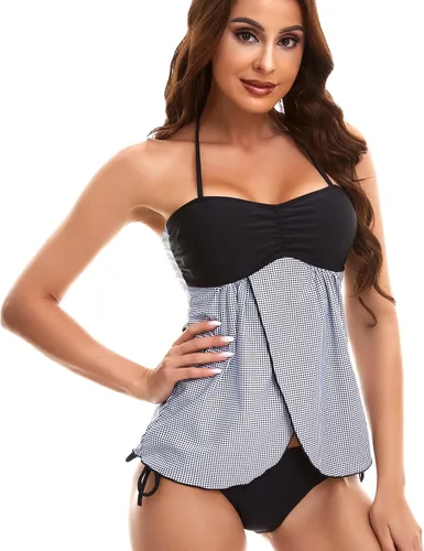 Vista 5 de MOHOPE Traje de baño tankini halter para mujer, control de abdomen, estampado elegante, conjunto de dos piezas