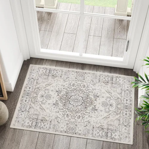 Vista 17 de Jinchan - Alfombra para entrada de 2 x 3 pies, alfombra de área lavable para interiores, tapete con medallón floral, pequeño, antideslizante