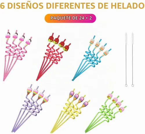 Vista 7 de 24 pajitas de helado reutilizables para suministros de fiesta de cumpleaños Recuerdos de fiesta con 2 cepillos de limpieza