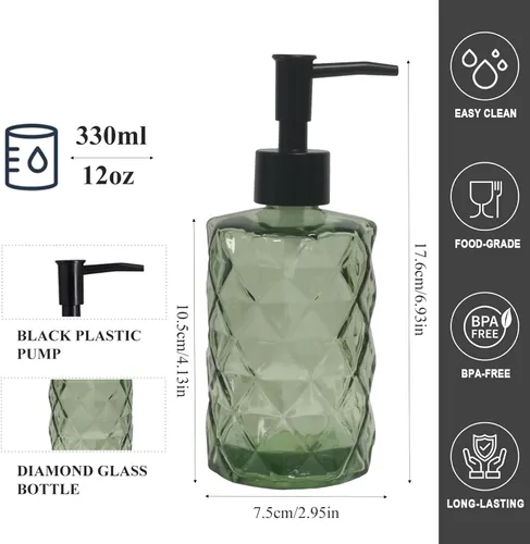 Vista 2 de Dispensador de jabón de vidrio pequeño de 12 onzas con bomba de plástico negro, dispensador de jabón líquido para encimera de cocina recargable Verde
