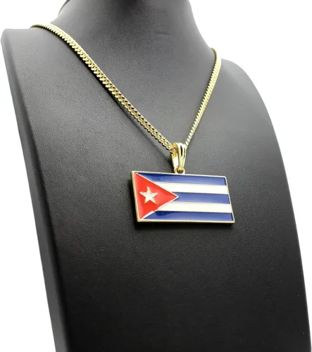 Vista 6 de Collar de cadena de 21 de la bandera de Cuba con colgante de 24 pulgadas color dorado plateado