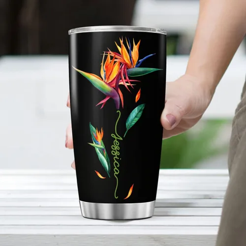 Vista 4 de CUBICER Vaso personalizado con diseño de pájaro del paraíso con tapa, nombre personalizado, regalos de Navidad para mujeres, amantes de las flores