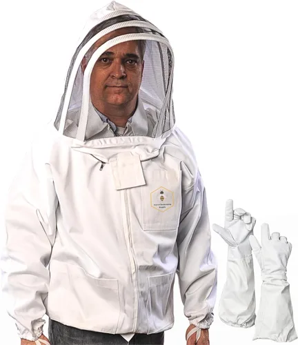 Vista 7 de Chaqueta de apicultura con velo y guantes de esgrima, chaqueta de abeja de algodón para hombres y mujeres, cremalleras de latón de alta resistencia