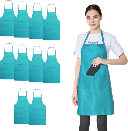 Vista 13 de Delantal negro con bolsillos para mujeres, hombres, adultos, chef, juego de 10 delantales de cocina a granel para cocinar, hornear, restaurante