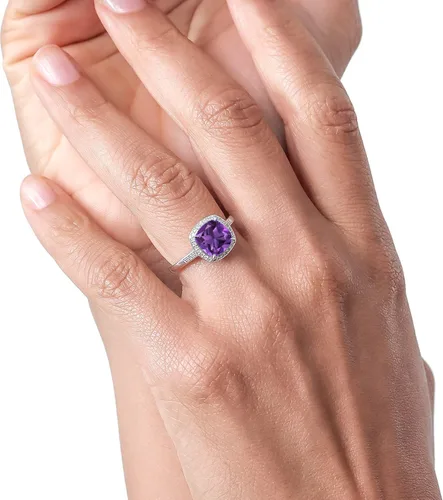 Vista 4 de Gem Stone King Anillo de compromiso de oro blanco de 10 quilates con amatista morada y diamantes de acento para mujer