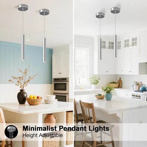 Vista 2 de Modernas lámparas colgantes LED cromadas de tubo largo, paquete de 2 lámparas colgantes para dormitorio, comedor, bar, cocina, isla, luz colgante