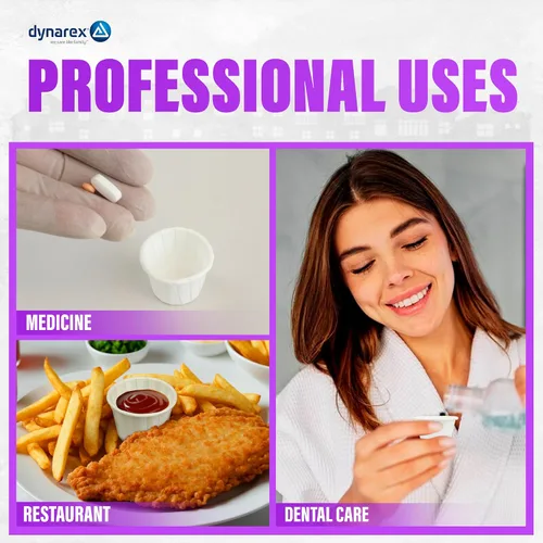 Vista 6 de Dynarex . Vasos desechables de papel para soufflé de 75 onzas, vasos de papel pequeños para pastillas, dispensación de condimentos, muestras