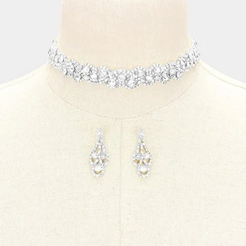 Vista 2 de vidrio de Plata Nupcial Boda Formal Dangle arete Gargantilla Collar Joyería Set