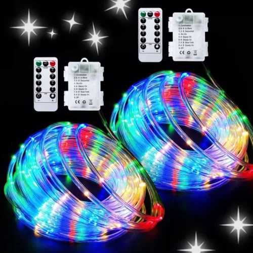 Vista 13 de JMEXSUSS Paquete de 2 luces de Navidad a pilas de luces blancas cálidas, impermeables al aire libre, 200 LED de 66 pies, 8 modos, funciona