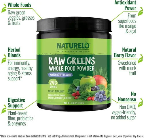 Vista 2 de NATURELO Polvo de superalimento de verduras crudas 240 gramos, mezcla de bayas - Apoya la energía, la inmunidad y la desintoxicación - Incluye