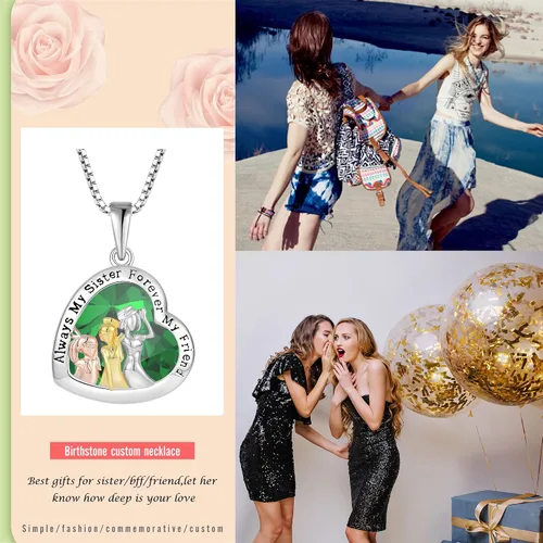 Vista 4 de Collar de 3 hermanas de plata de ley 925, collar con piedra natal de corazón de amor Always My Sister Forever Gifts My Friend for Sister Jewelry