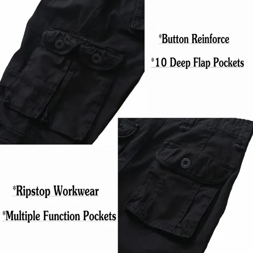 Vista 4 de Pantalones cargo de algodón para hombre, estilo casual, ajuste relajado, pierna recta, pantalones de trabajo de combate con 10 bolsillos